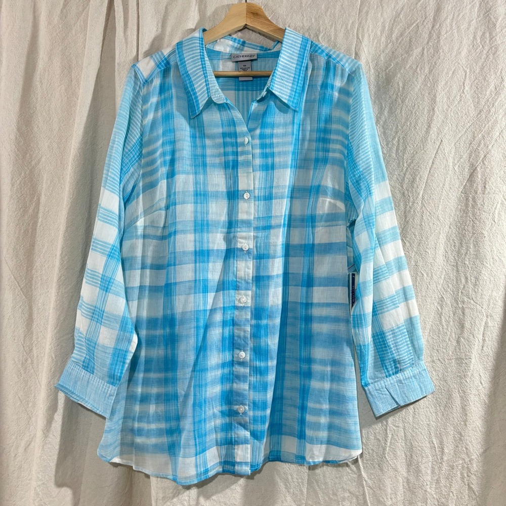 Catherines Blue White Plaid Cotton Button Up Tunic Top Plus Size 0X NWT